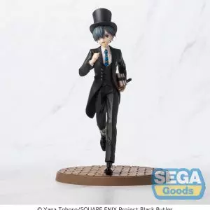 Sammelfigur von Ciel Phantomhive in schwarzer Internats-Uniform mit Zylinder und Büchern, laufend auf einer Kopfsteinpflaster-Base.