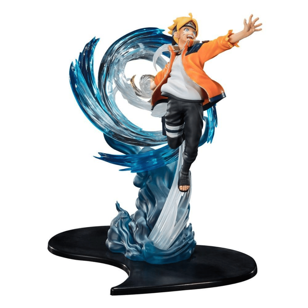 iguartsZERO Statue von Boruto Uzumaki im Sprung, umgeben von transparenten blauen Wind- und Wasser-Effekten.