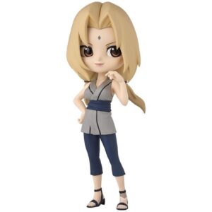 Q Posket Chibi-Figur von Tsunade aus Naruto Shippuden mit großen braunen Augen, blonden Zöpfen und lila Rauten-Siegel auf der Stirn.