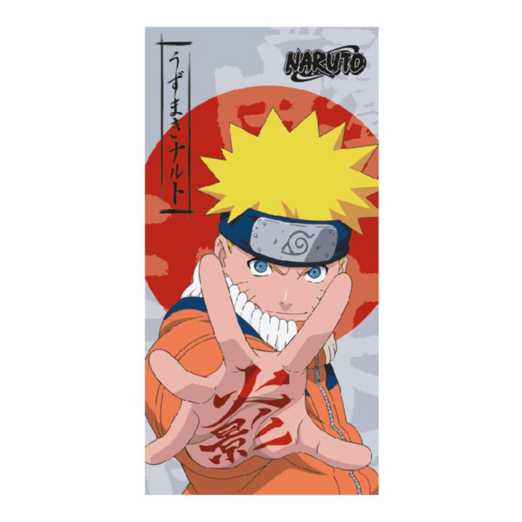 Naruto Strandtuch mit großem Motiv von Uzumaki Naruto vor rotem Hintergrund mit japanischen Schriftzeichen.