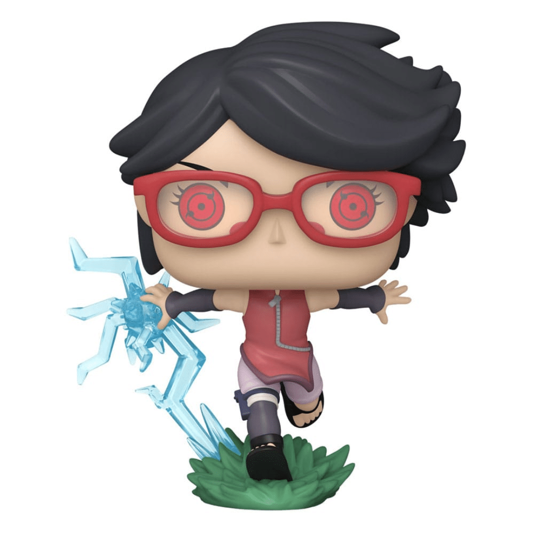 Funko POP!-Figur von Sarada Uchiha aus Boruto mit roter Brille, aktivierten Sharingan-Augen und blauen Blitzeffekten an der Hand.