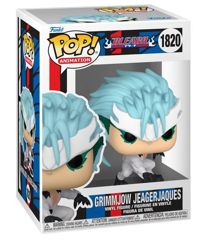 Funko POP!-Figur von Grimmjow Jaegerjaquez aus Bleach in seiner hellblauen Resurreccion-Form in geduckter Kampfpose.