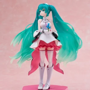 FuRyu Tenitol Figur von Hatsune Miku Galaxy Ver. im futuristischen weißen Kleid mit langen Sternen-Twintails und blauer Blume.