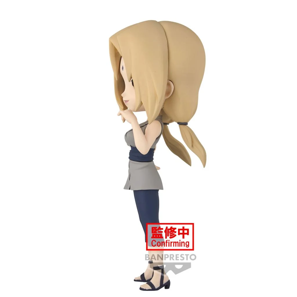 Q Posket Chibi-Figur von Tsunade aus Naruto Shippuden mit großen braunen Augen, blonden Zöpfen und lila Rauten-Siegel auf der Stirn.