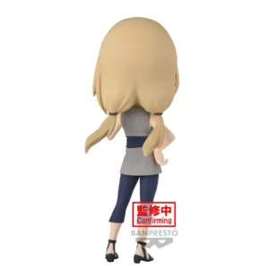 Q Posket Chibi-Figur von Tsunade aus Naruto Shippuden mit großen braunen Augen, blonden Zöpfen und lila Rauten-Siegel auf der Stirn.