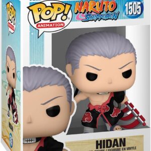 Funko POP!-Figur von Hidan aus Naruto Shippuden mit silbernem Haar, offenem Akatsuki-Mantel und roter Dreiklingen-Sense.