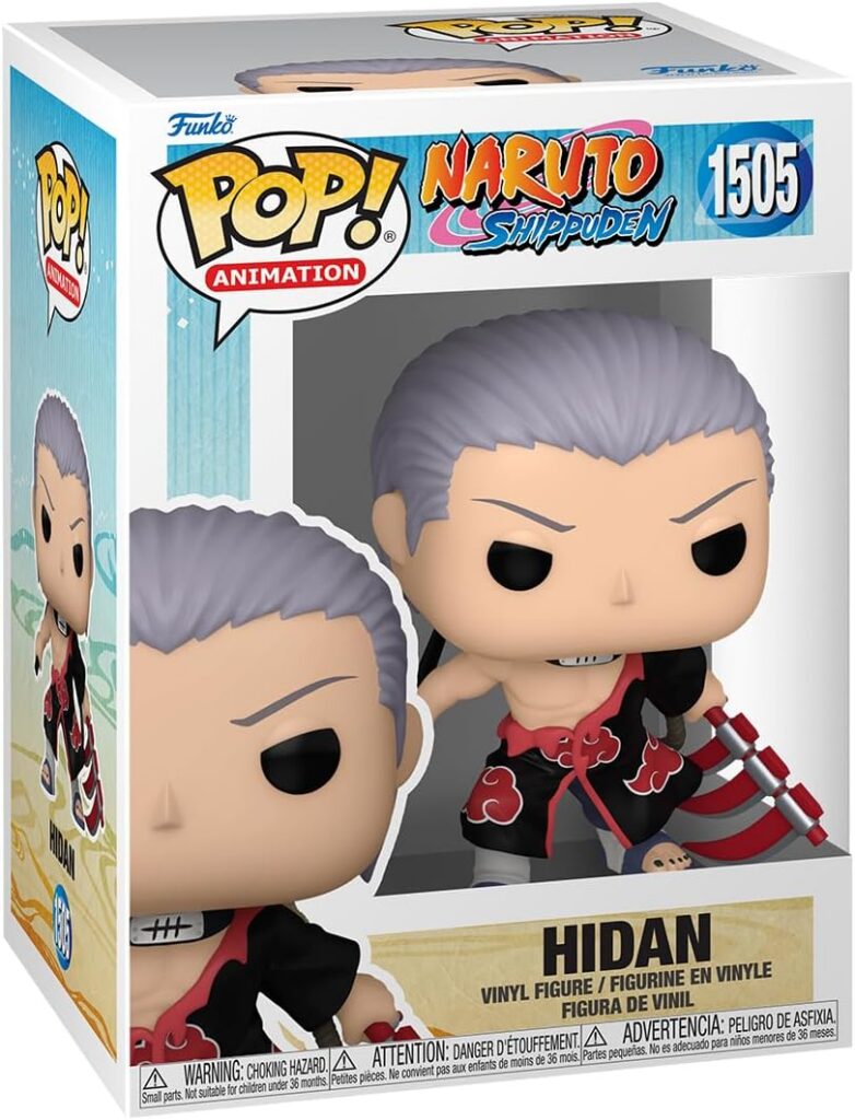 Funko POP!-Figur von Hidan aus Naruto Shippuden mit silbernem Haar, offenem Akatsuki-Mantel und roter Dreiklingen-Sense.