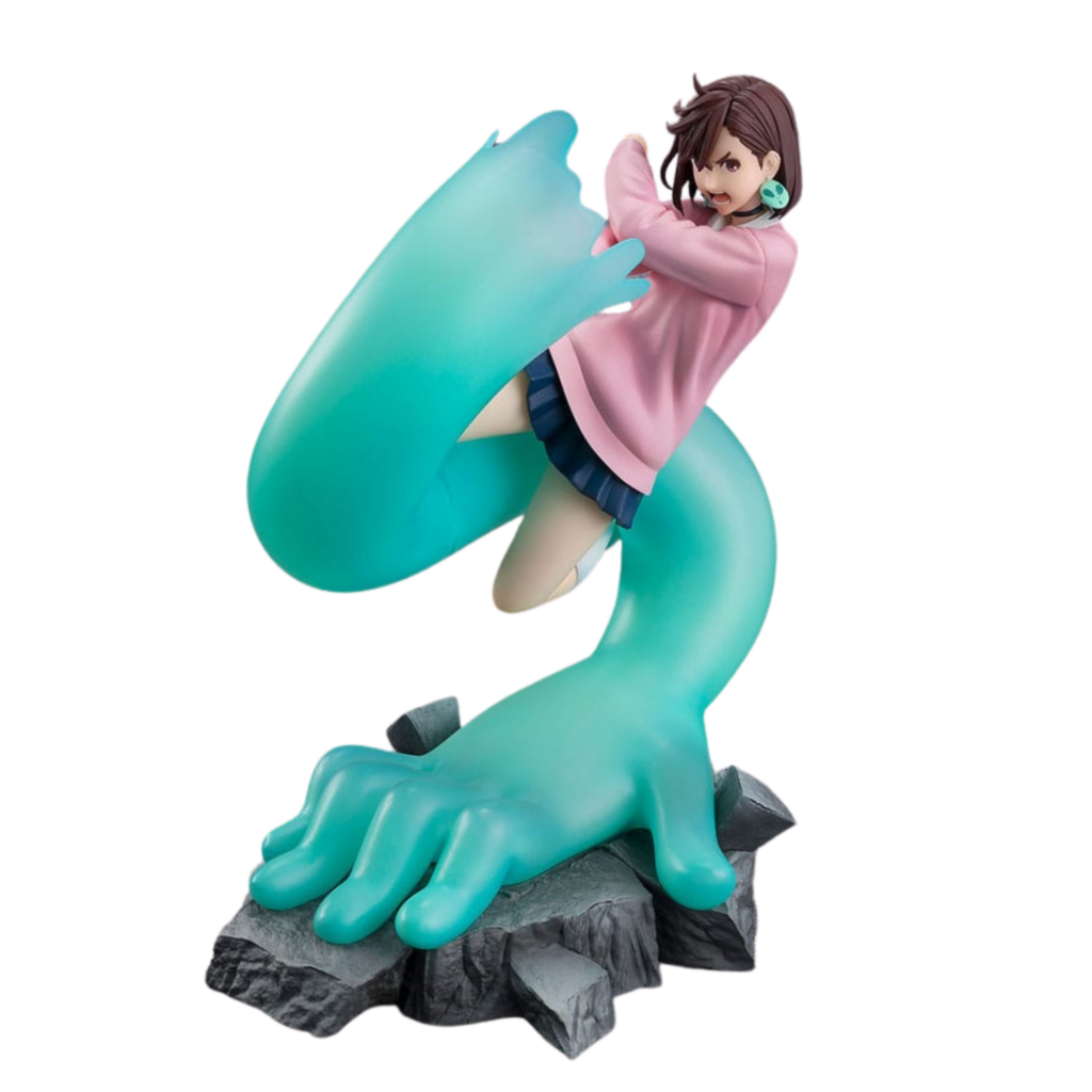 FiguartsZERO-Figur von Momo Ayase aus Dandadan mit riesiger transparent-grüner Aura-Hand und Fels-Base.
