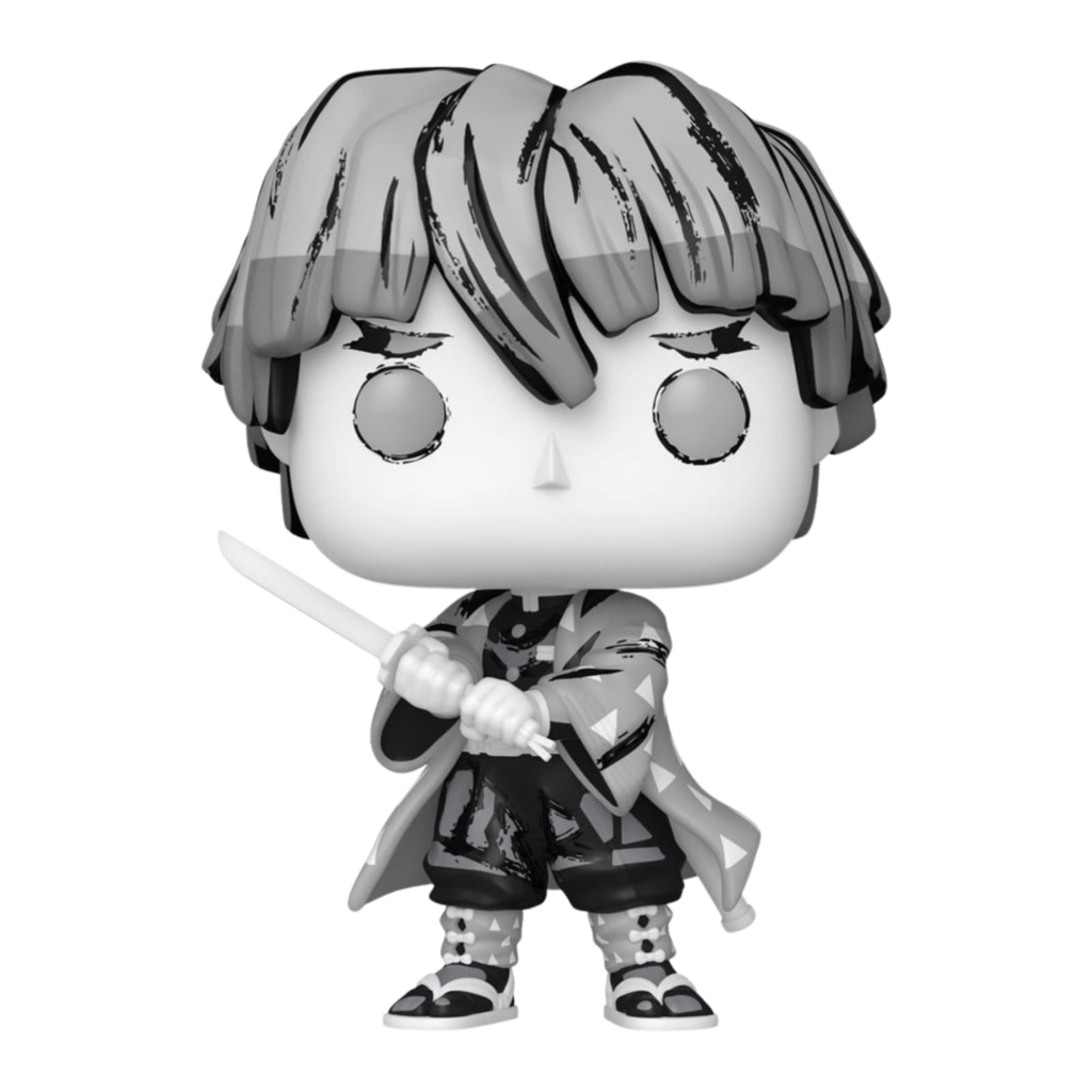 Funko POP!-Figur von Zenitsu Agatsuma aus Demon Slayer im Schwarz-Weiß-Tuschedesign mit gezogener Klinge.