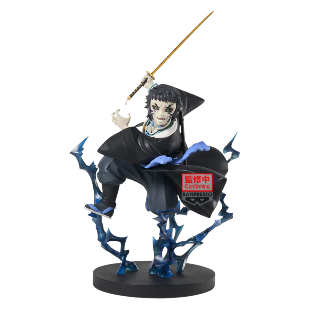 Banpresto Vibration Stars Plus Figur von Kaigaku aus Demon Slayer im Sprung mit goldenem Schwert und blauen Blitzeffekten.