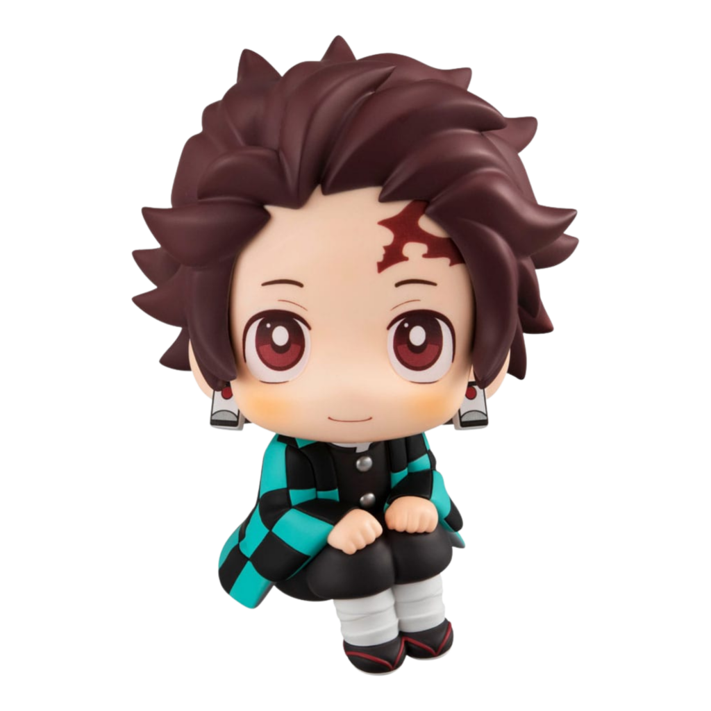 Sitzende Look Up Chibi-Figur von Tanjiro Kamado aus Demon Slayer mit grün-schwarz kariertem Haori.