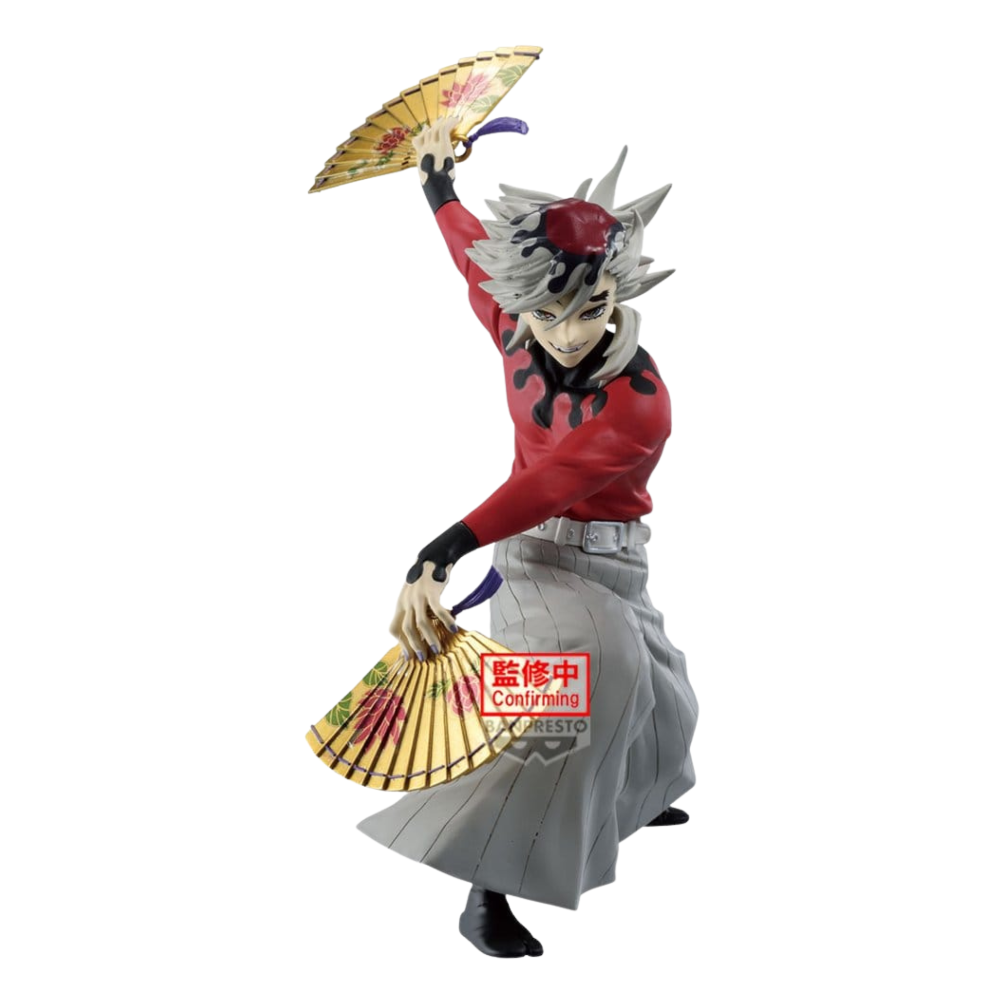 Banpresto Maximatic Figur von Doma aus Demon Slayer in rotem Oberteil mit zwei goldenen Fächern in dynamischer Pose.
