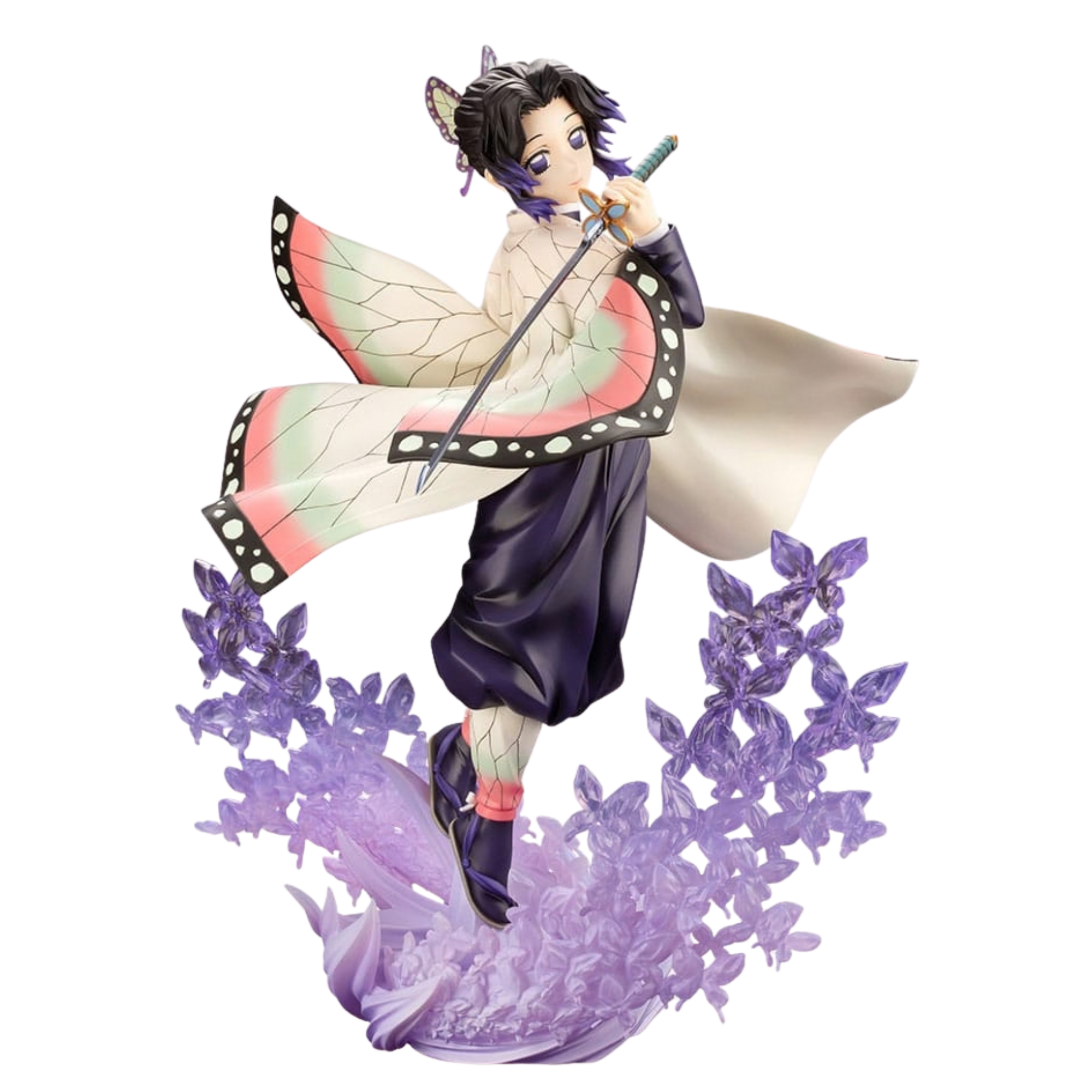 Kotobukiya ARTFX J Statuette von Shinobu Kocho aus Demon Slayer schwebend über violetten Schmetterlingen mit Schmetterlings-Haori.