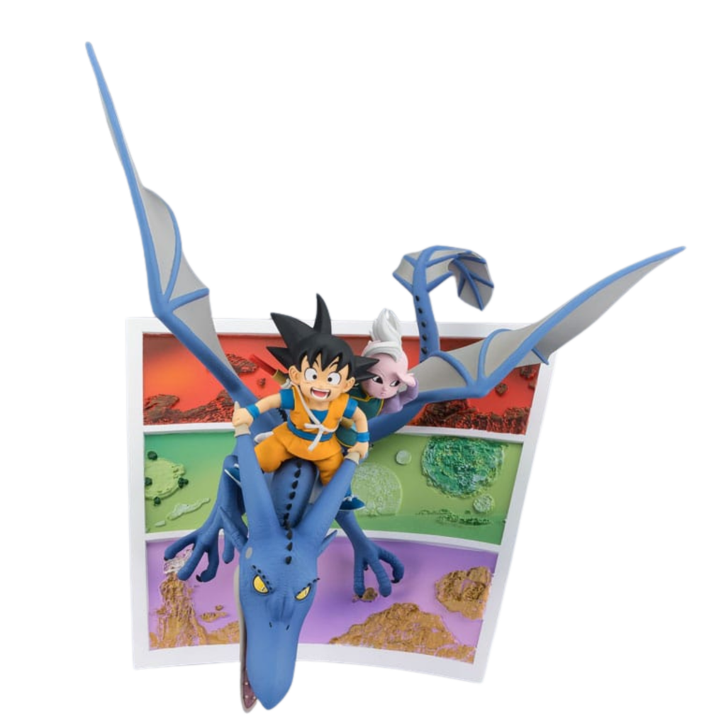 FiguartsZERO Statuette von Son Goku und Supreme Kai reitend auf einem blauen Flugsaurier mit Manga-Panel-Hintergrund.