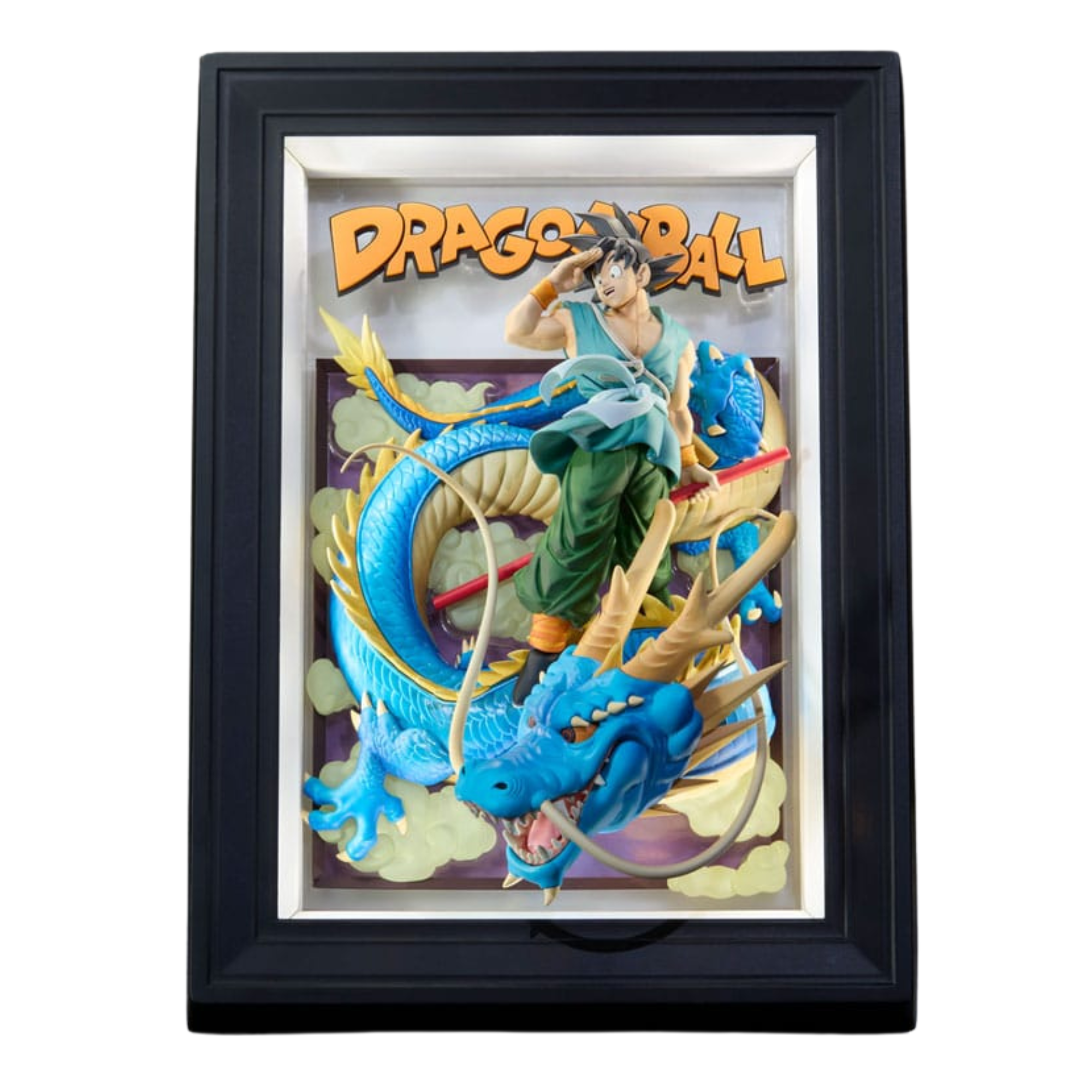 Tamashii Art 3D Rahmenbild von Son Goku im blauen Kampfanzug und Drache Shenlong in dreidimensionaler Optik.