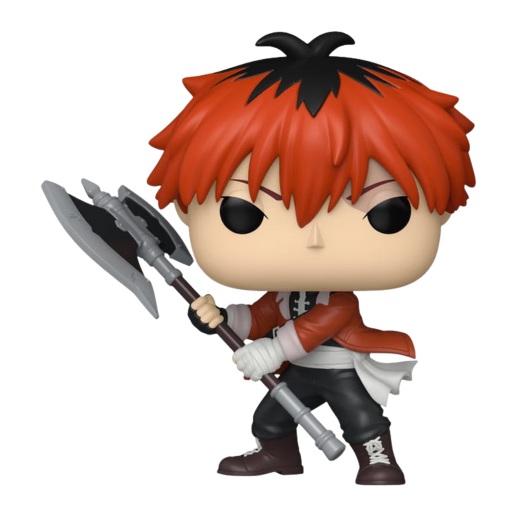 Funko POP!-Figur von Stark aus Frieren mit roten Haaren, roter Jacke und großer Doppelaxt in den Händen.