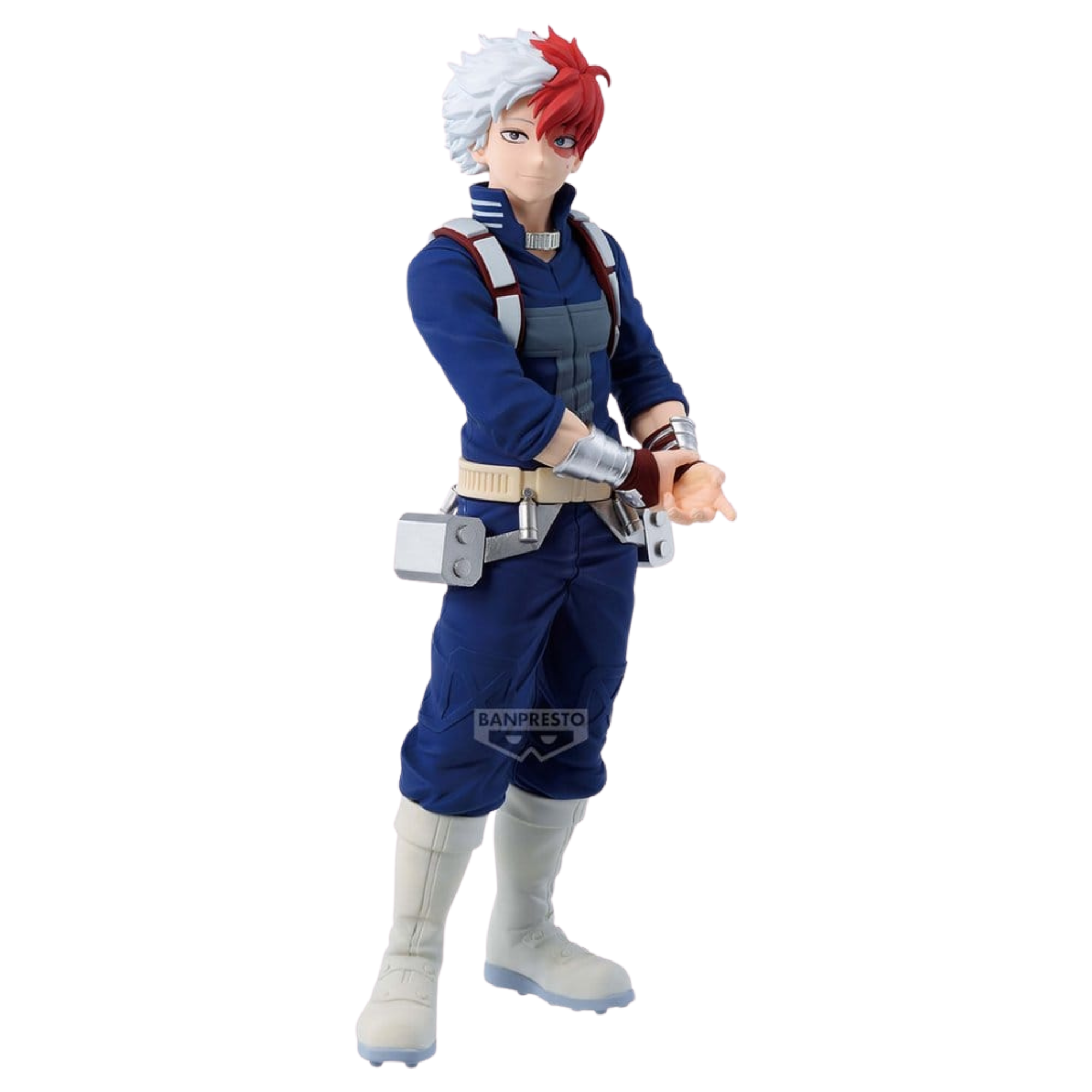 Banpresto Figur von Shoto Todoroki aus My Hero Academia im blauen Heldenkostüm mit zweifarbigen Haaren.