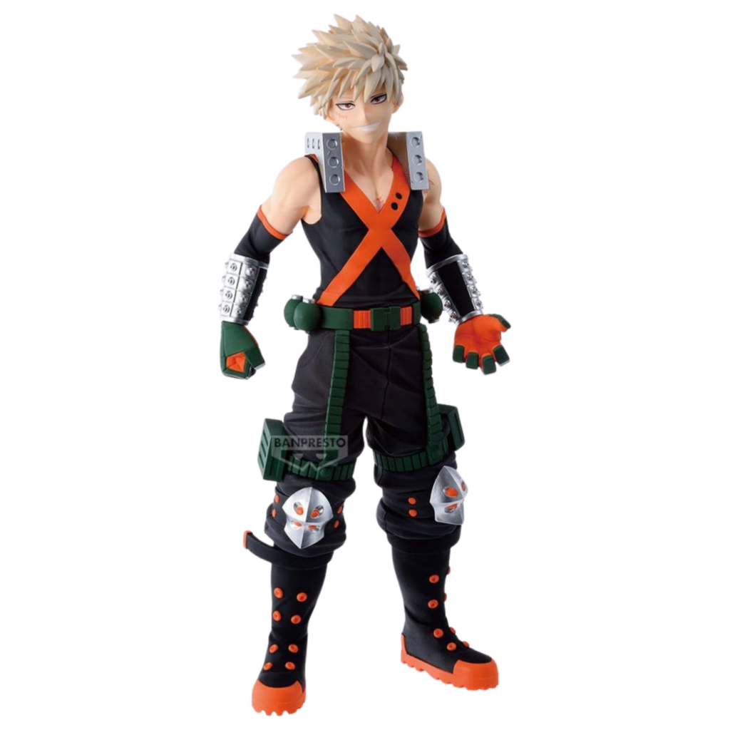 Banpresto Figur von Katsuki Bakugo aus My Hero Academia im Heldenkostüm mit orangefarbenem X-Muster.