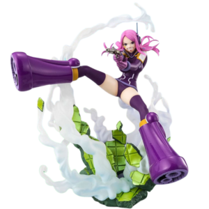 Bandai Spirits FiguartsZERO Figur von Jewelry Bonney aus One Piece im Egghead-Outfit in dynamischer Trittpose mit Pistole.