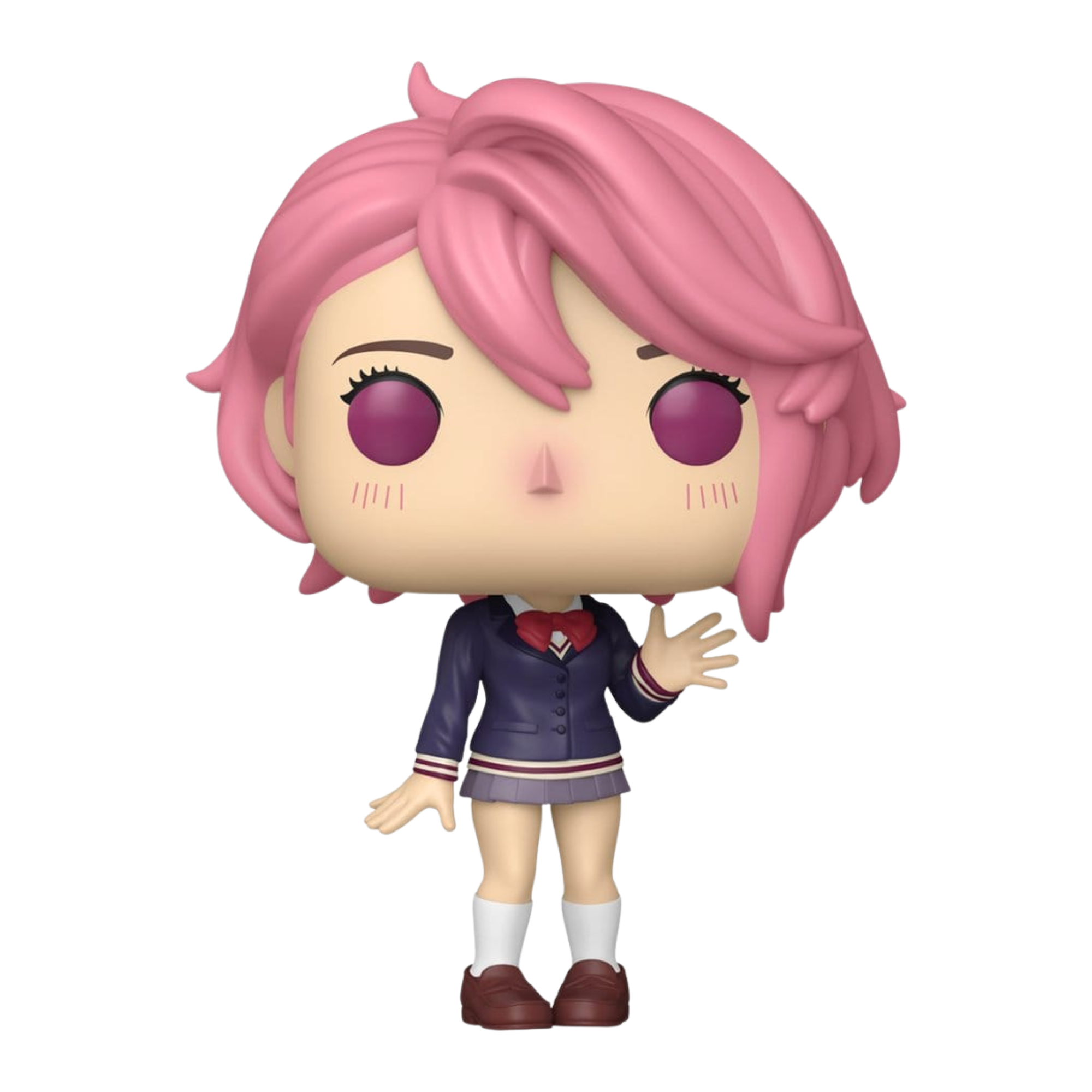 Funko POP!-Figur von Aira Shiratori aus Dandadan mit rosa Haaren in dunkelblauer Schuluniform winkend.
