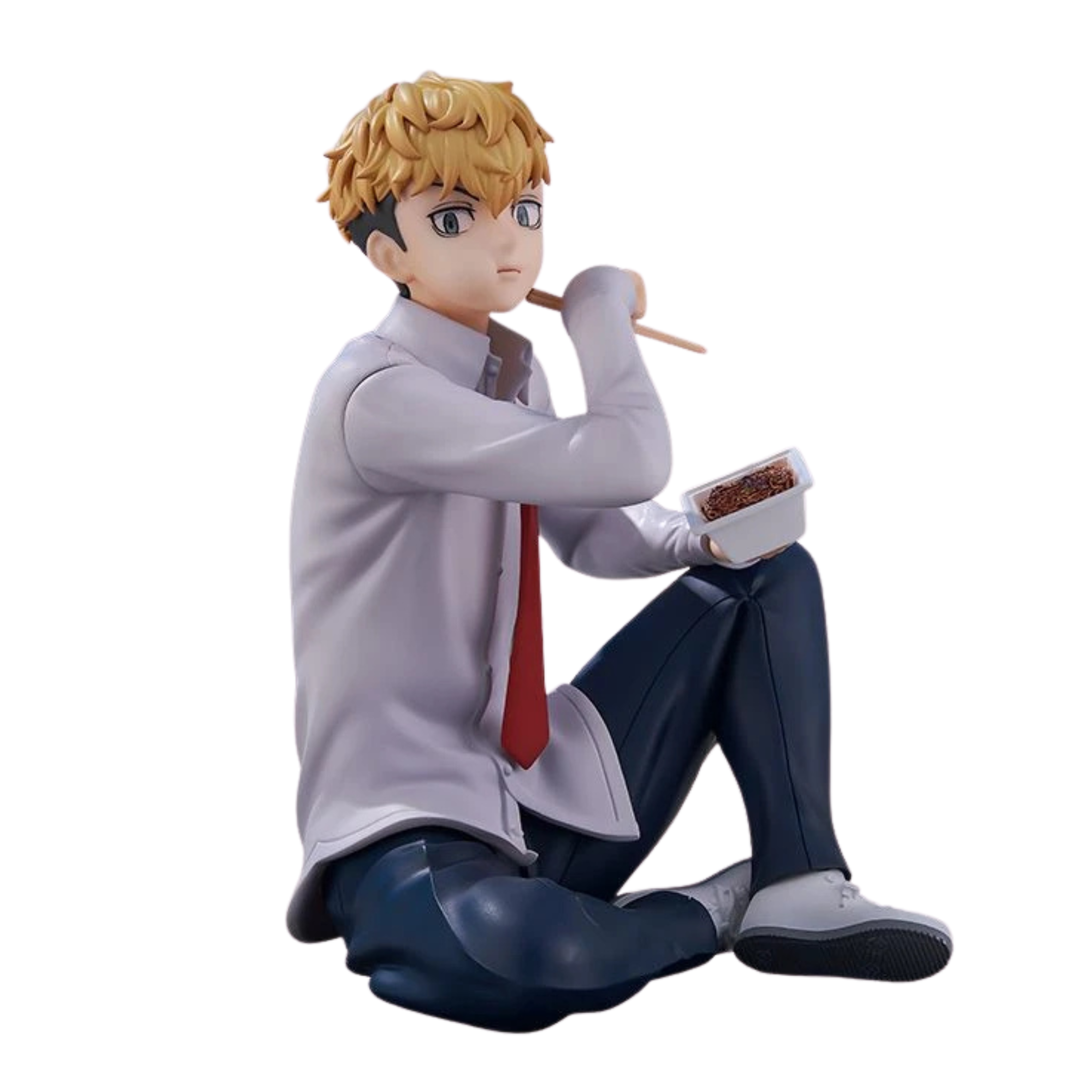 FuRyu Tenitol Figur von Chifuyu Matsuno aus Tokyo Revengers sitzend mit Nudelschale und Essstäbchen.