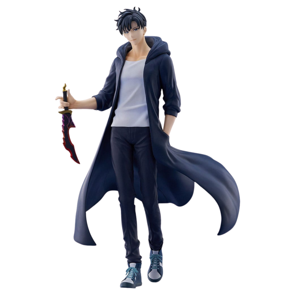 Good Smile Company Pop Up Parade L Figur von Sung Jinwoo aus Solo Leveling im dunklen Mantel mit Dolch.