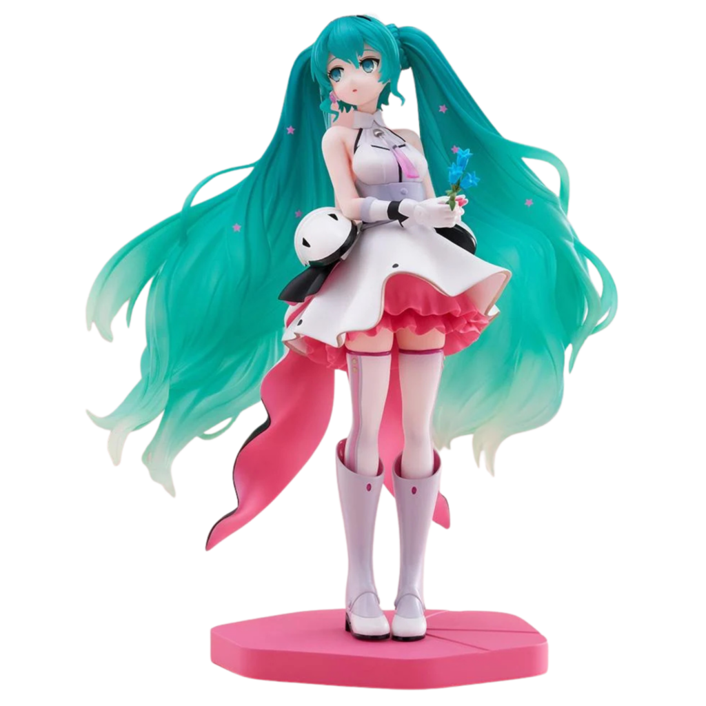 FuRyu Tenitol Figur von Hatsune Miku Galaxy Ver. im futuristischen weißen Kleid mit langen Sternen-Twintails und blauer Blume.