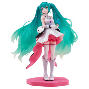 FuRyu Tenitol Figur von Hatsune Miku Galaxy Ver. im futuristischen weißen Kleid mit langen Sternen-Twintails und blauer Blume.