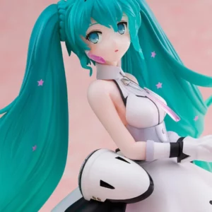 FuRyu Tenitol Figur von Hatsune Miku Galaxy Ver. im futuristischen weißen Kleid mit langen Sternen-Twintails und blauer Blume.