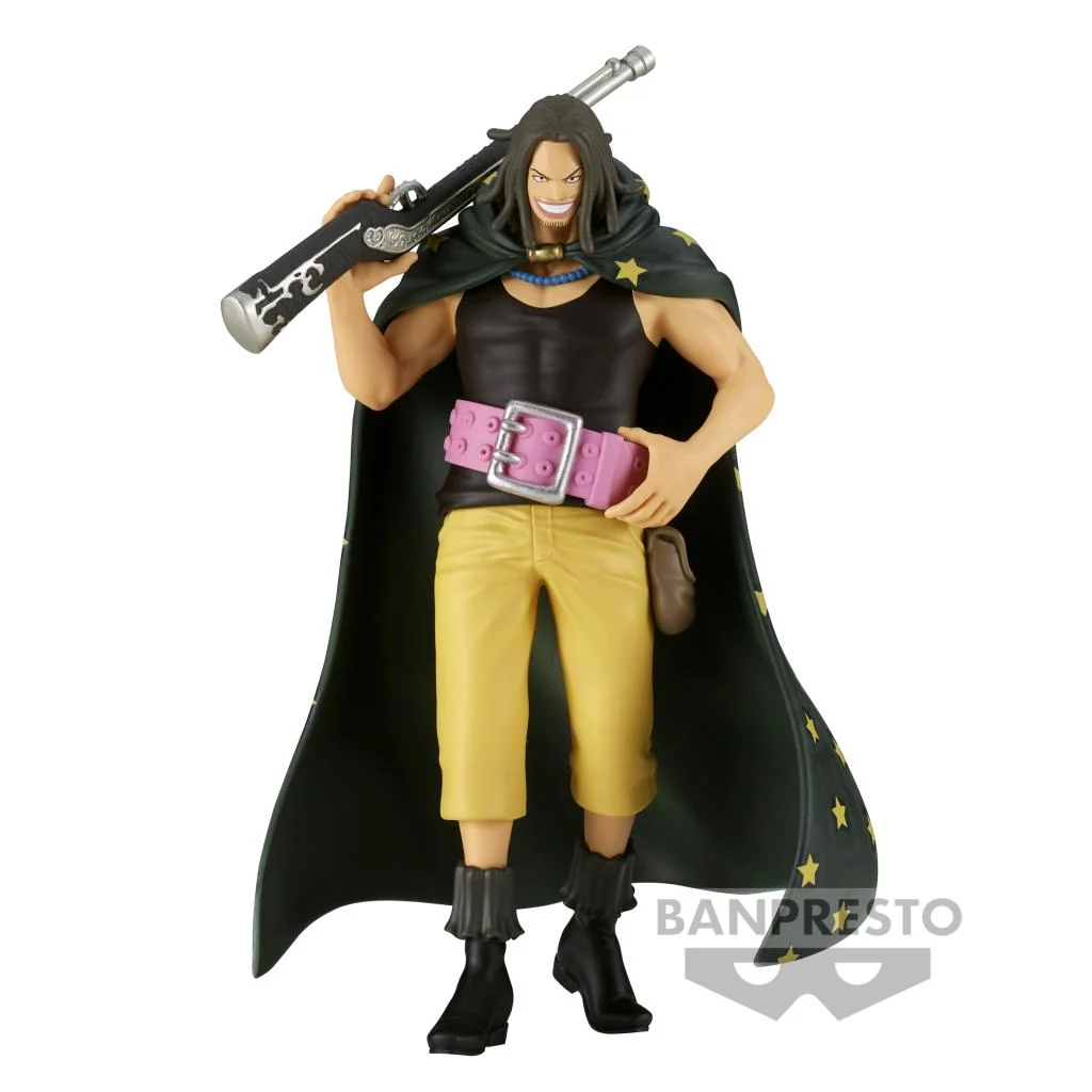 Banpresto The Shukko Figur von Yasopp aus One Piece mit Gewehr auf der Schulter und Sternen-Umhang.