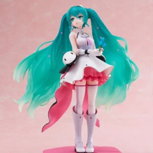 FuRyu Tenitol Figur von Hatsune Miku Galaxy Ver. im futuristischen weißen Kleid mit langen Sternen-Twintails und blauer Blume.