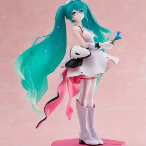 FuRyu Tenitol Figur von Hatsune Miku Galaxy Ver. im futuristischen weißen Kleid mit langen Sternen-Twintails und blauer Blume.