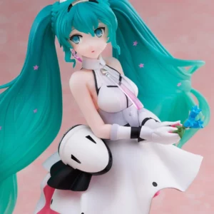 FuRyu Tenitol Figur von Hatsune Miku Galaxy Ver. im futuristischen weißen Kleid mit langen Sternen-Twintails und blauer Blume.