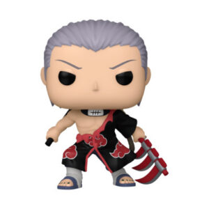 Funko POP!-Figur von Hidan aus Naruto Shippuden mit silbernem Haar, offenem Akatsuki-Mantel und roter Dreiklingen-Sense.