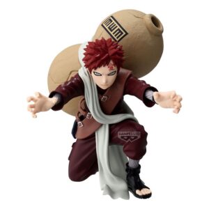 Sammelfigur von Gaara aus Naruto Shippuden in geduckter Kampfpose mit ausgebreiteten Händen und großem Sandkürbis auf dem Rücken.