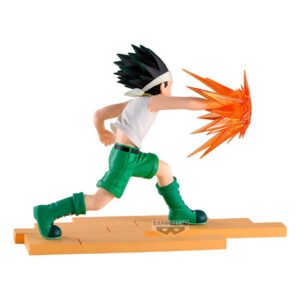 Banpresto Figur von Gon Freecss aus Hunter x Hunter beim Ausführen der Jajanken-Attacke mit orangefarbenem Aura-Effekt auf Holzbasis.