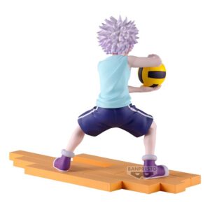 Banpresto Figur von Killua Zoldyck aus Hunter x Hunter im hellblauen Tanktop einen Ball haltend auf Holzbasis.