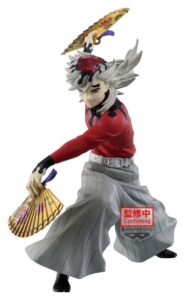 Banpresto Maximatic Figur von Doma aus Demon Slayer in rotem Oberteil mit zwei goldenen Fächern in dynamischer Pose.