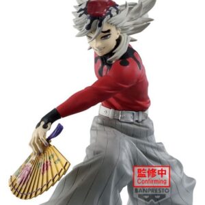 Banpresto Maximatic Figur von Doma aus Demon Slayer in rotem Oberteil mit zwei goldenen Fächern in dynamischer Pose.