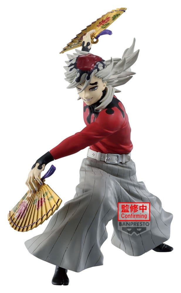 Banpresto Maximatic Figur von Doma aus Demon Slayer in rotem Oberteil mit zwei goldenen Fächern in dynamischer Pose.