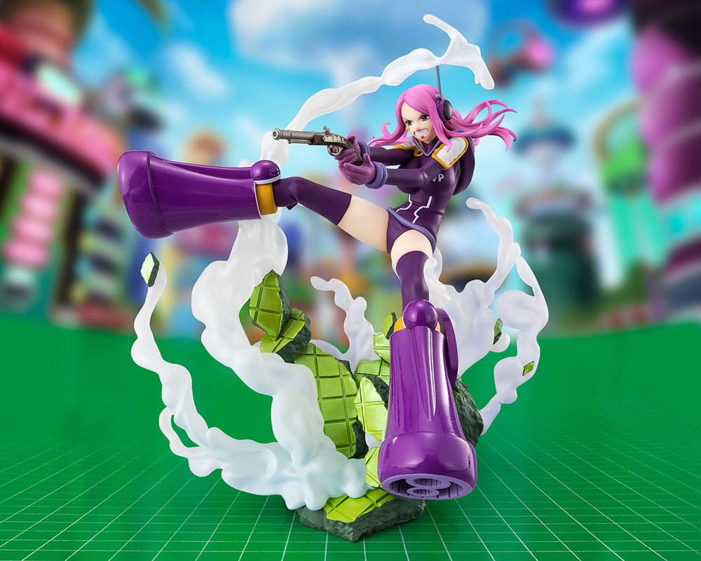Bandai Spirits FiguartsZERO Figur von Jewelry Bonney aus One Piece im Egghead-Outfit in dynamischer Trittpose mit Pistole.