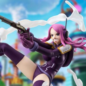 Bandai Spirits FiguartsZERO Figur von Jewelry Bonney aus One Piece im Egghead-Outfit in dynamischer Trittpose mit Pistole.