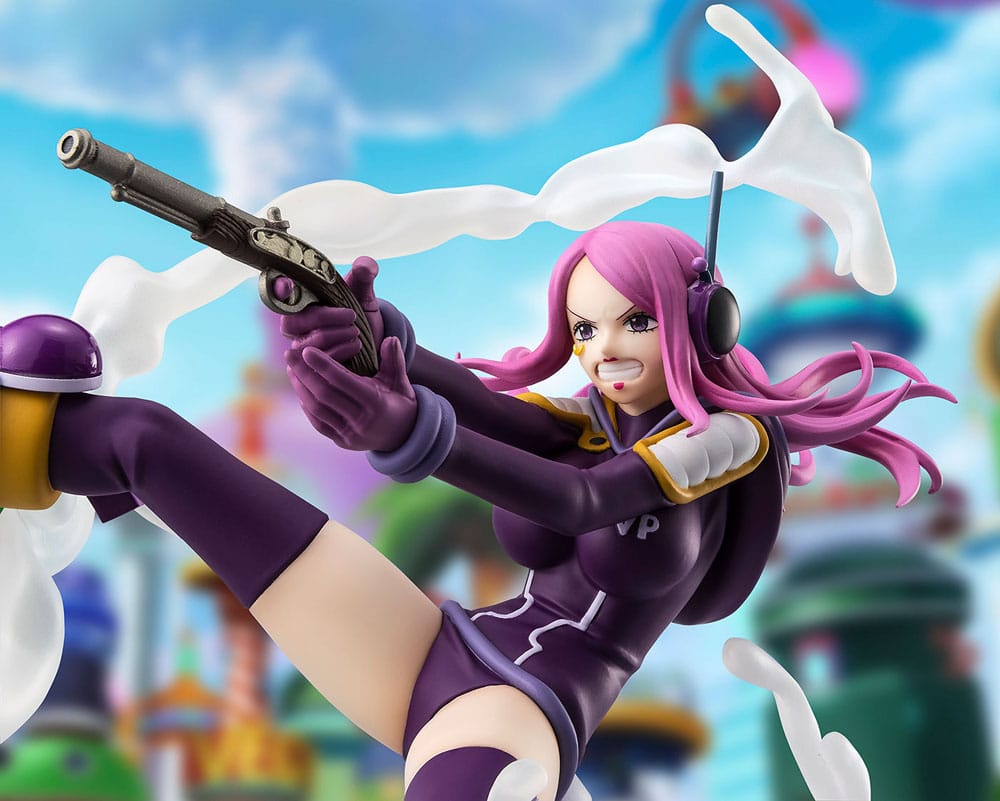 Bandai Spirits FiguartsZERO Figur von Jewelry Bonney aus One Piece im Egghead-Outfit in dynamischer Trittpose mit Pistole.