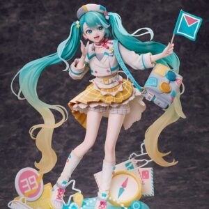 Design COCO Maßstabsfigur von Hatsune Miku aus Magical Mirai 2024 im Reise-Outfit mit Koffer-Tasche auf Kompass-Diorama-Base.