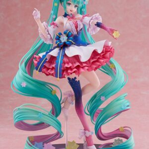 DMM Factory Maßstabsfigur von Hatsune Miku Rosuuri Ver. im rosa-blauen Rüschenkleid mit geschwungenen Sternen-Twintails.