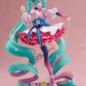 DMM Factory Maßstabsfigur von Hatsune Miku Rosuuri Ver. im rosa-blauen Rüschenkleid mit geschwungenen Sternen-Twintails.