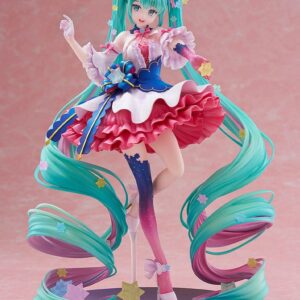 DMM Factory Maßstabsfigur von Hatsune Miku Rosuuri Ver. im rosa-blauen Rüschenkleid mit geschwungenen Sternen-Twintails.