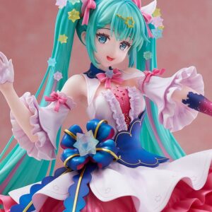 DMM Factory Maßstabsfigur von Hatsune Miku Rosuuri Ver. im rosa-blauen Rüschenkleid mit geschwungenen Sternen-Twintails.