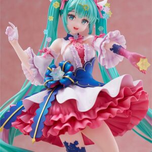 DMM Factory Maßstabsfigur von Hatsune Miku Rosuuri Ver. im rosa-blauen Rüschenkleid mit geschwungenen Sternen-Twintails.
