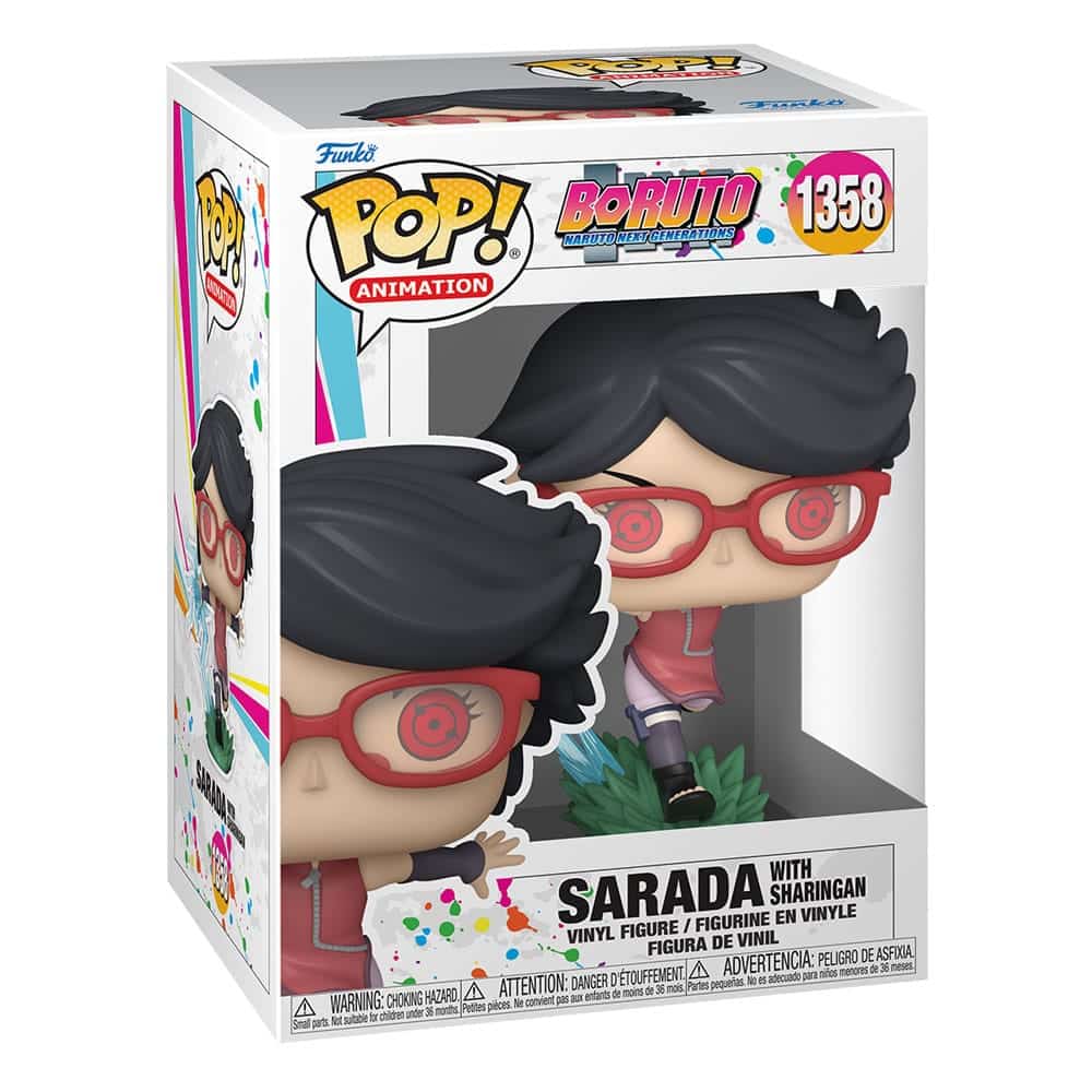 Funko POP!-Figur von Sarada Uchiha aus Boruto mit roter Brille, aktivierten Sharingan-Augen und blauen Blitzeffekten an der Hand.
